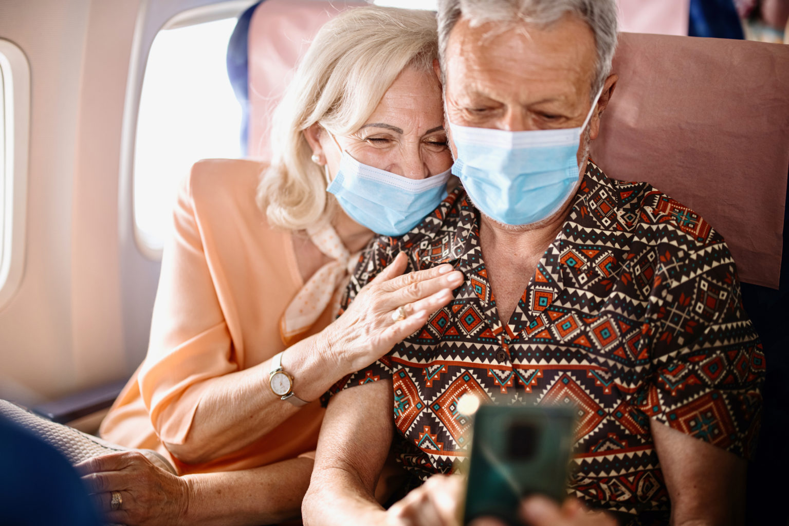 Passengers wearing protective face masks during flight