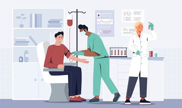 Blood donation concept. Man came to doctors, charity. Medical poster or banner for website. Analyzes and tests, regular health checks. Volunteer and activist. Cartoon flat vector illustration