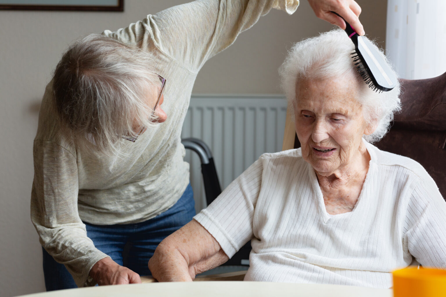 Woman, more than 60 years old, combing the hair of a senior woman in her nineties with a brush, the old woman enjoys the care she is getting from the younger woman